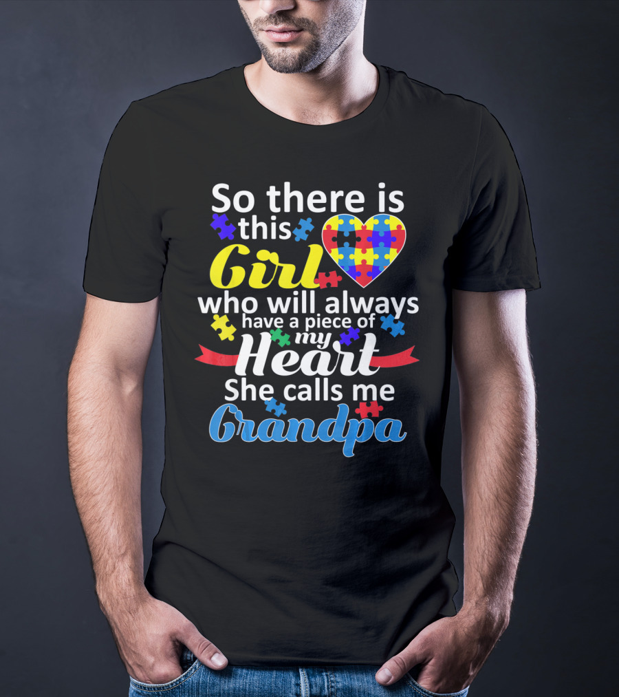 Autism Awareness Puzzle Heart Girl Grandpa T-Shirt