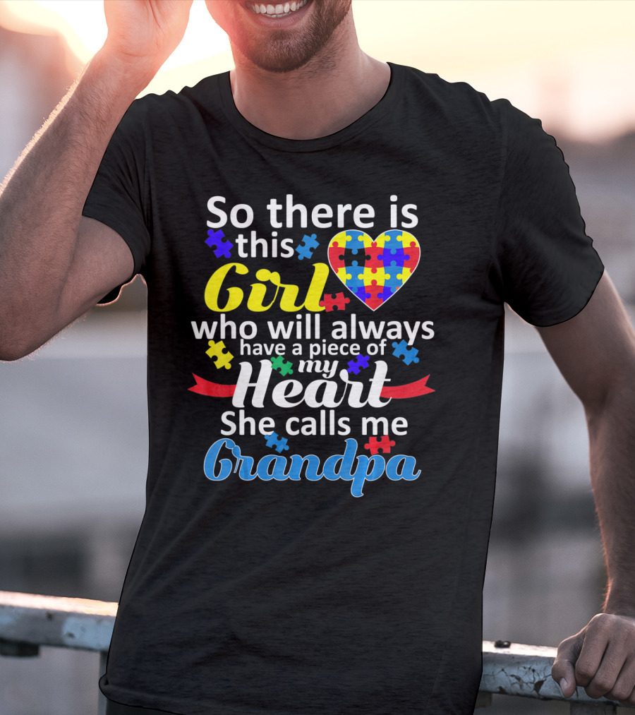 Autism Awareness Puzzle Heart Girl Grandpa T-Shirt