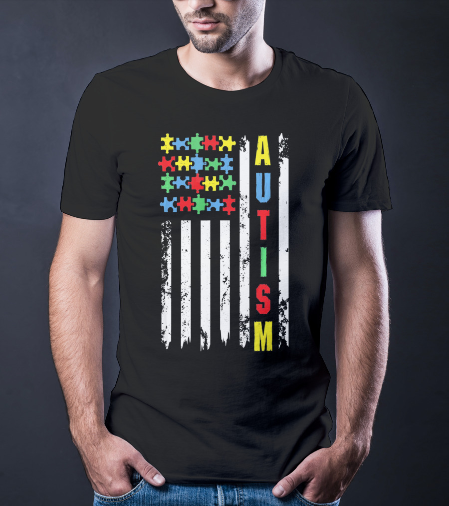 Autism Puzzle Piece Flag Fourth Of July Awareness T-Shirt
