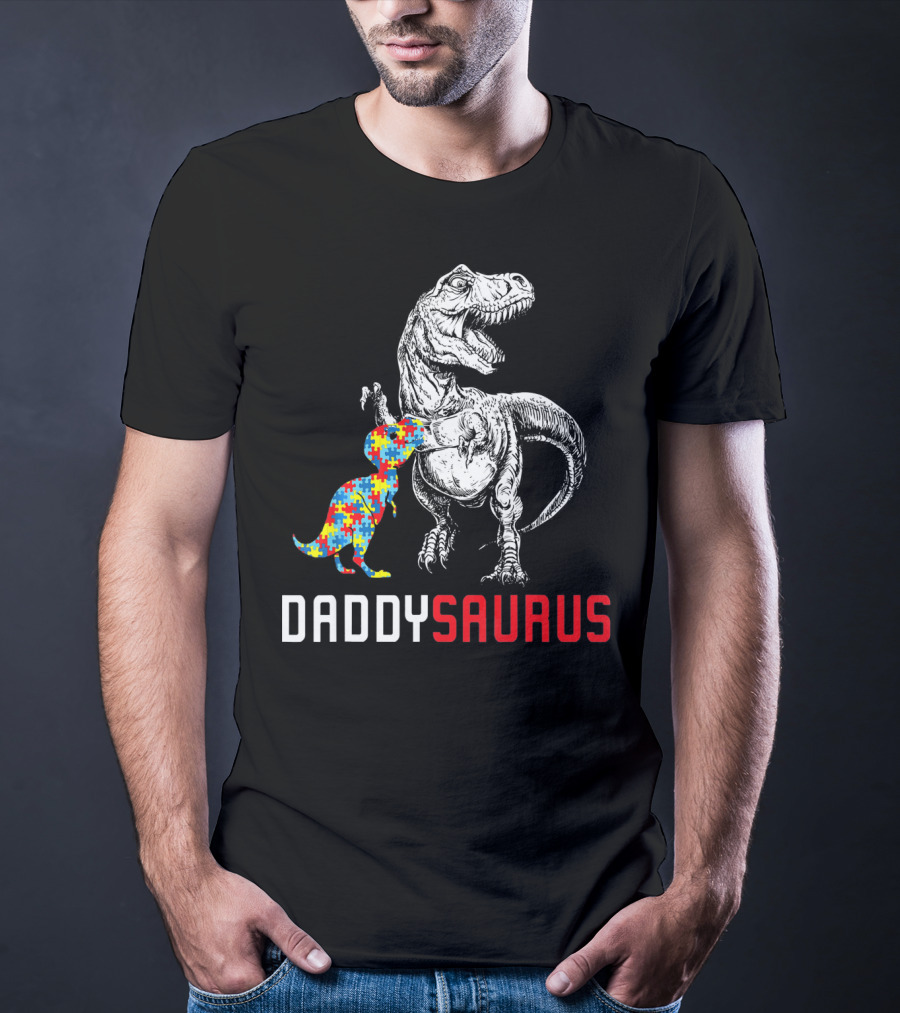 Daddysaurus Dinosaur With Colorful Puzzle Autism Awareness Dad T-Shirt