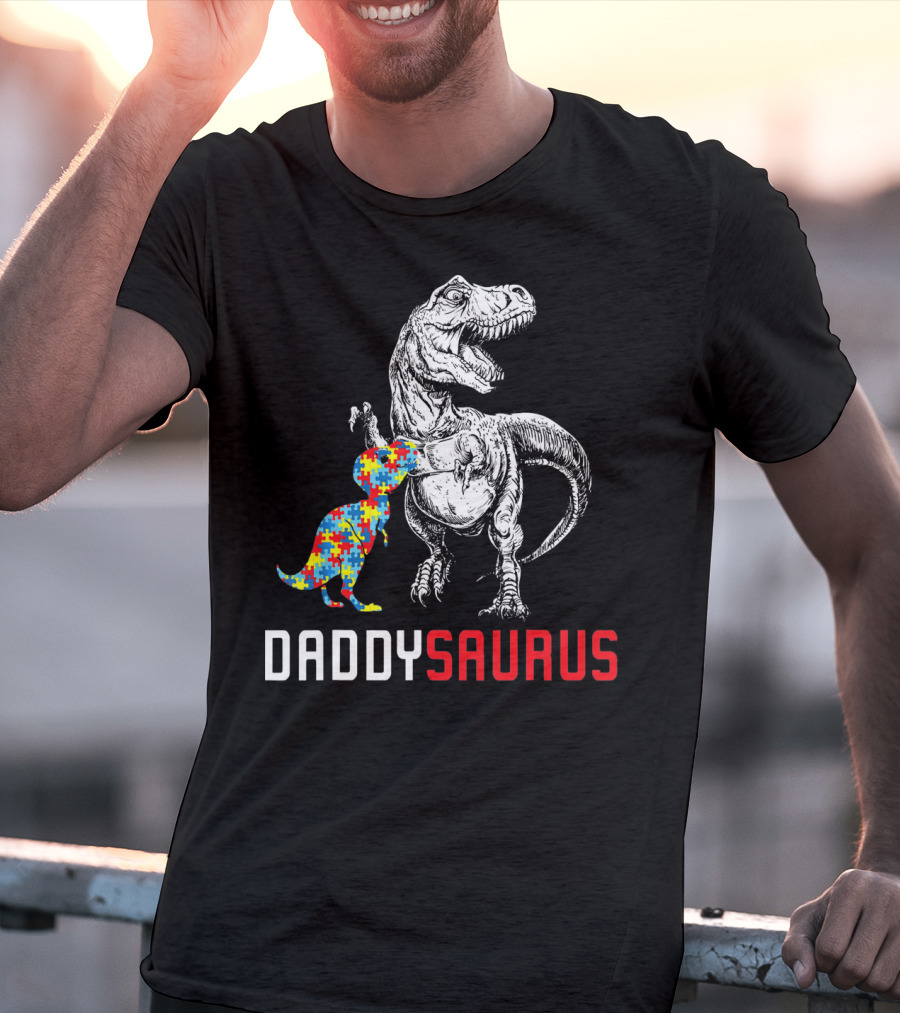 Daddysaurus Dinosaur With Colorful Puzzle Autism Awareness Dad T-Shirt
