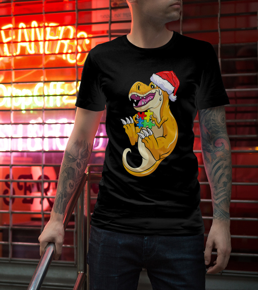 Christmas Autism Awareness Dinosaur Santa Hat Puzzle Pieces T-Shirt