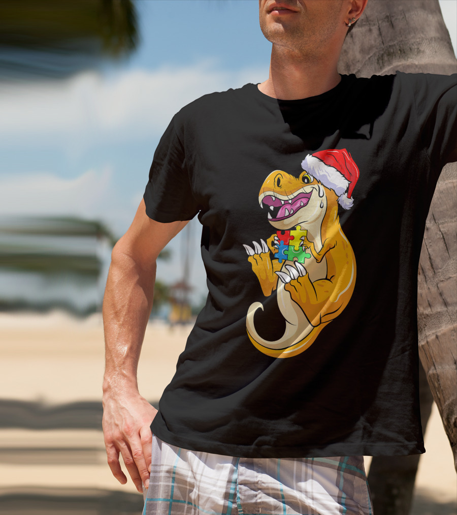 Christmas Autism Awareness Dinosaur Santa Hat Puzzle Pieces T-Shirt