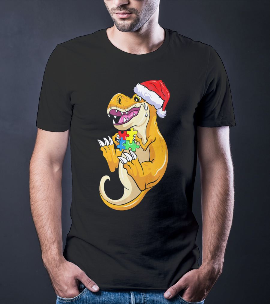 Christmas Autism Awareness Dinosaur Santa Hat Puzzle Pieces T-Shirt