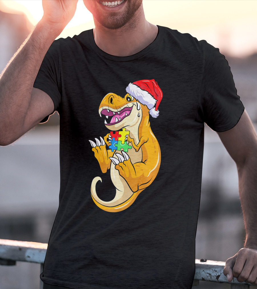 Christmas Autism Awareness Dinosaur Santa Hat Puzzle Pieces T-Shirt