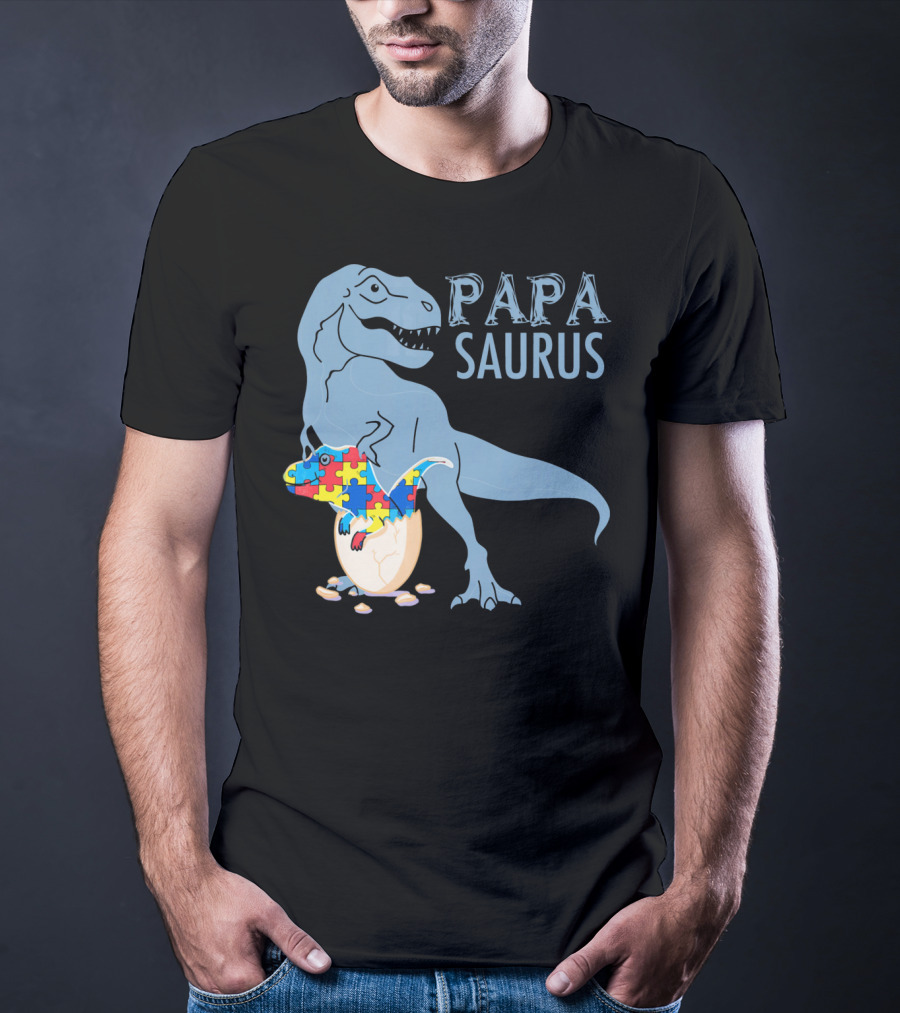 Papasaurus Autism Awareness Dinosaur Puzzle Pieces T-Shirt