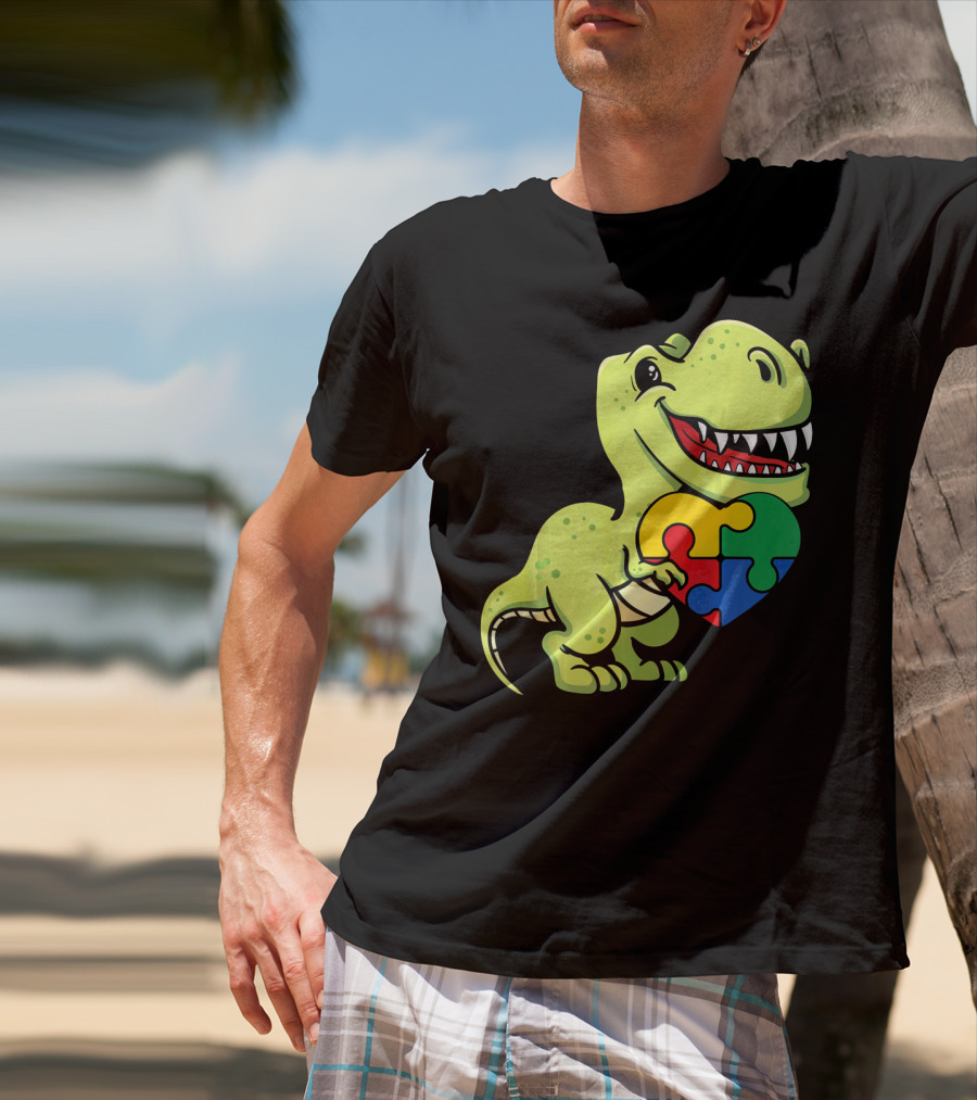 Autism Awareness Day Dinosaur T-Rex Holding Puzzle Heart T-Shirt