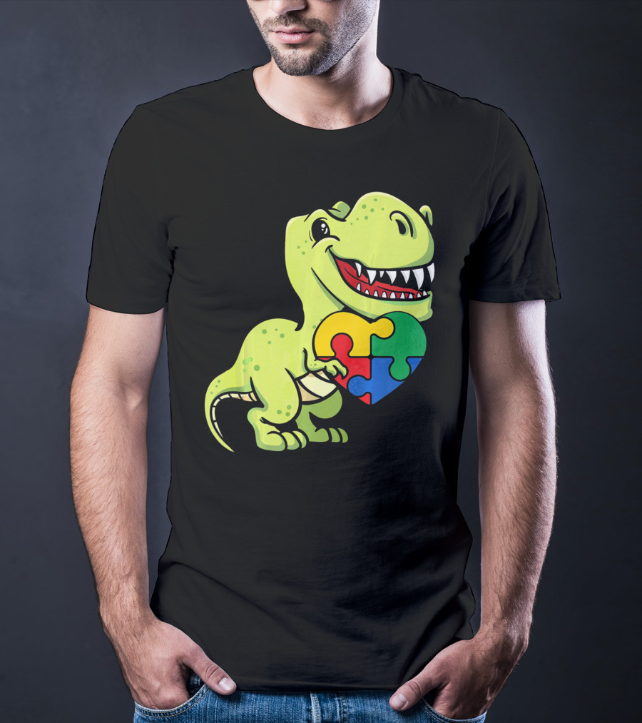 Autism Awareness Day Dinosaur T-Rex Holding Puzzle Heart T-Shirt