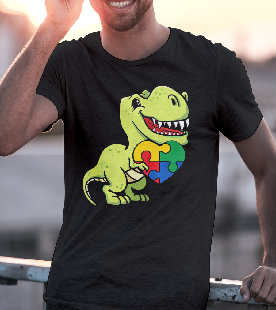 Autism Awareness Day Dinosaur T-Rex Holding Puzzle Heart T-Shirt