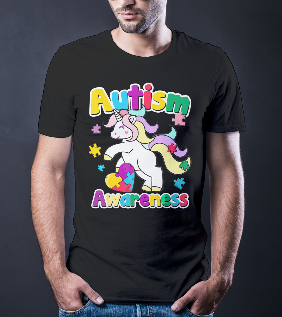 Autism Awareness Unicorn Puzzle Pieces Rainbow Heart T-Shirt