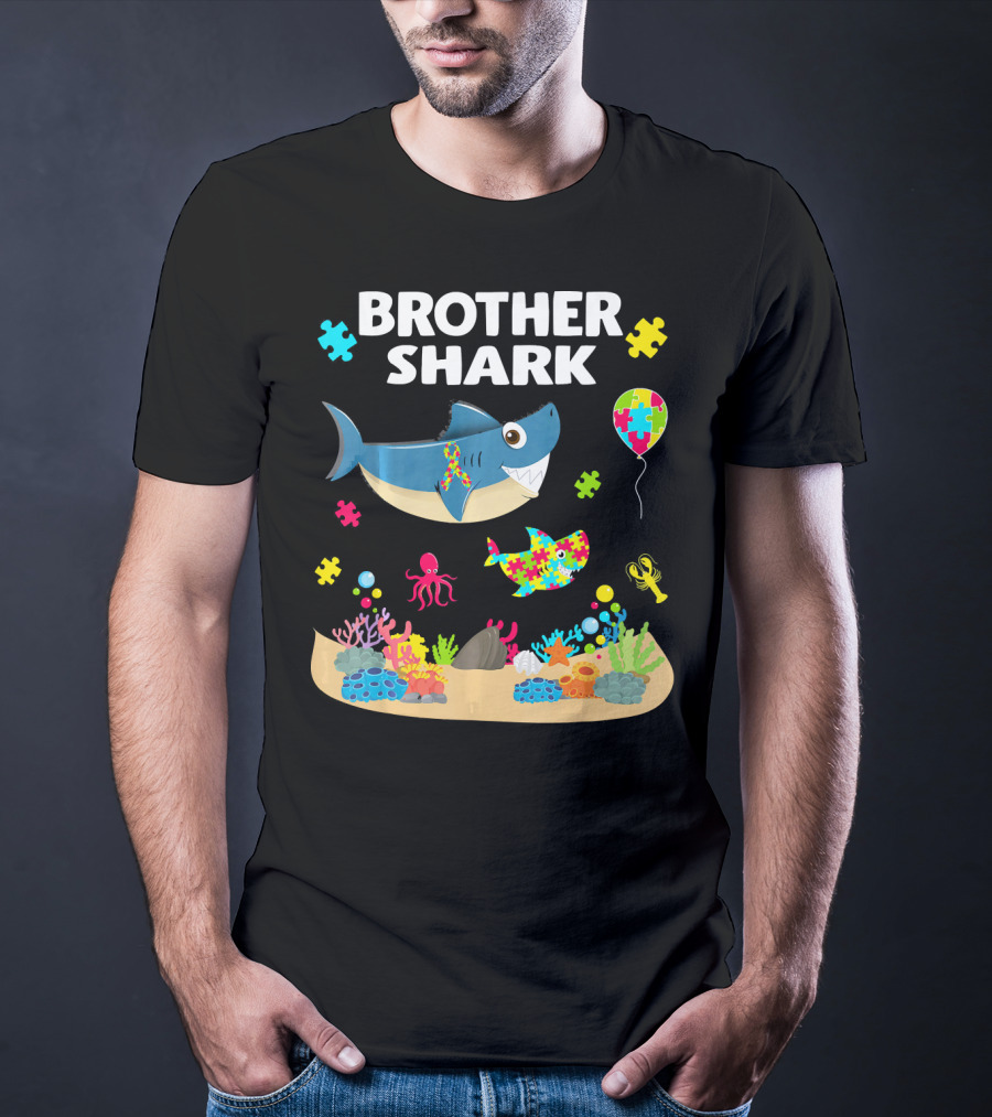 Brother Shark Autism Awareness Puzzle Underwater Scene T-Shirt