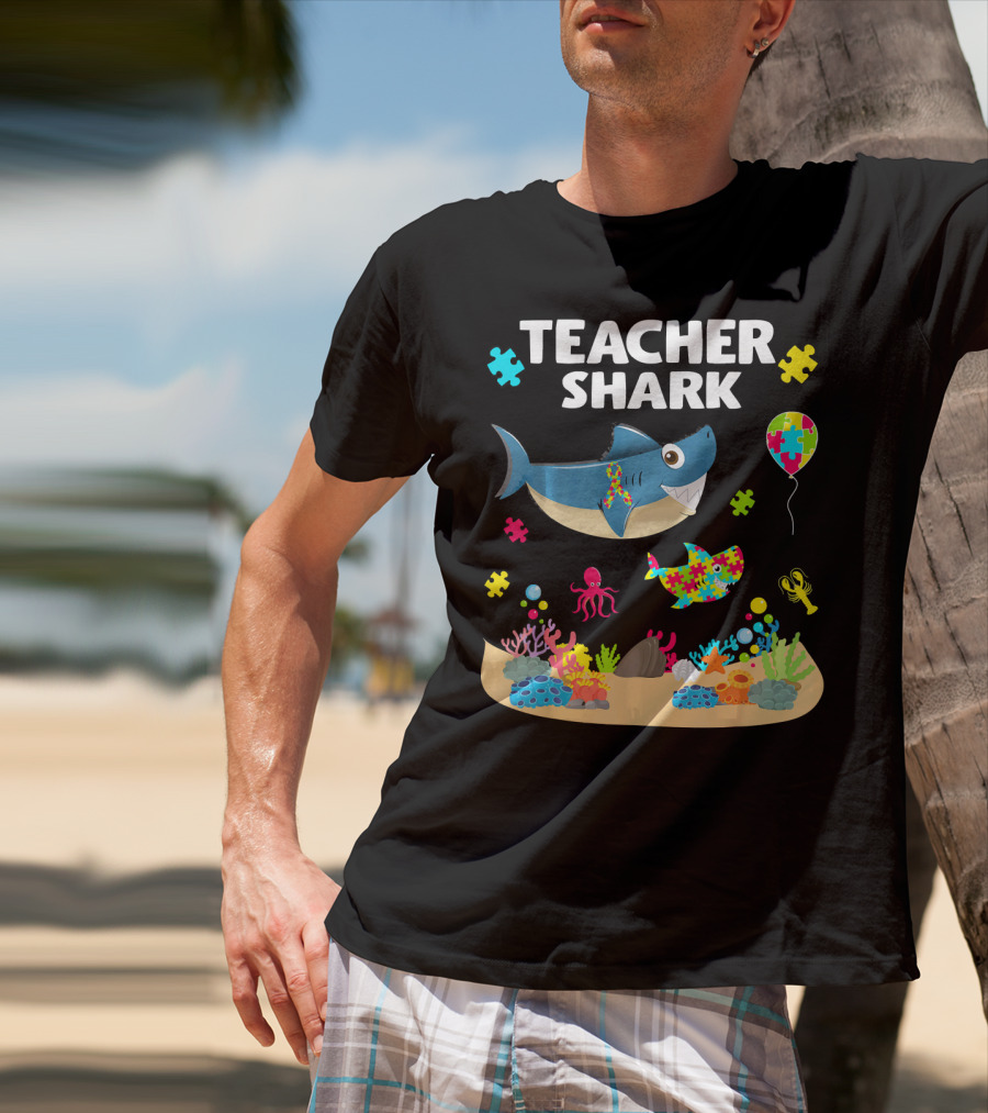 Teacher Shark Autism Awareness Ocean Puzzle Balloon Coral T-Shirt