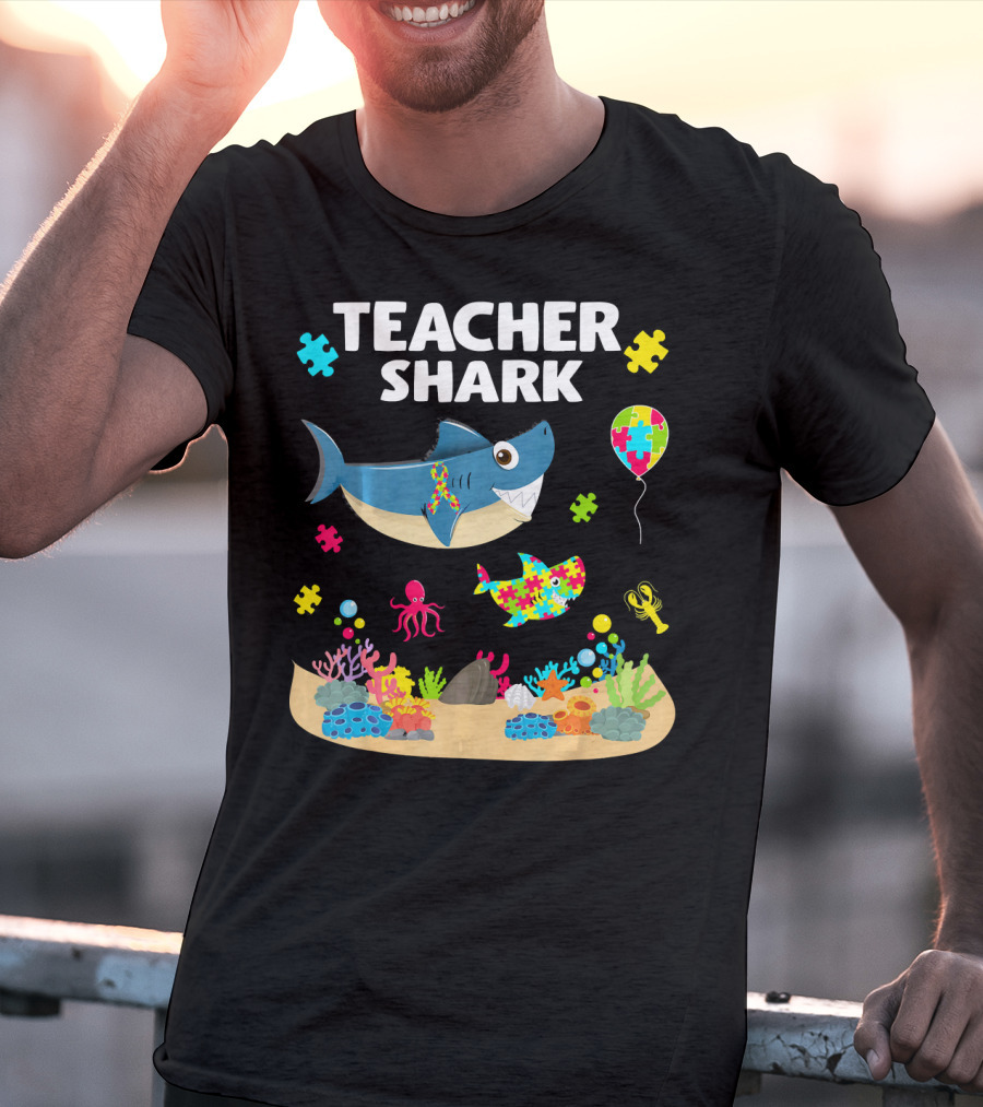 Teacher Shark Autism Awareness Ocean Puzzle Balloon Coral T-Shirt