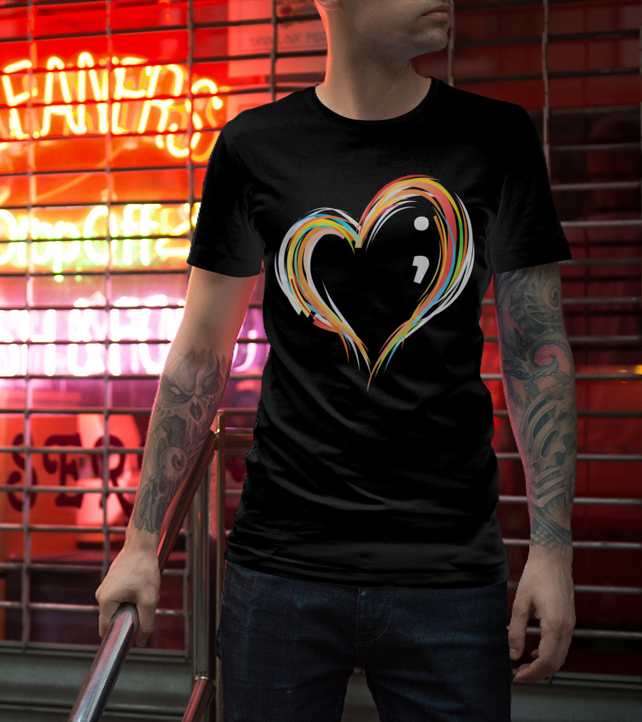 Heart Semicolon Rainbow Design For Mental Health Awareness T-Shirt