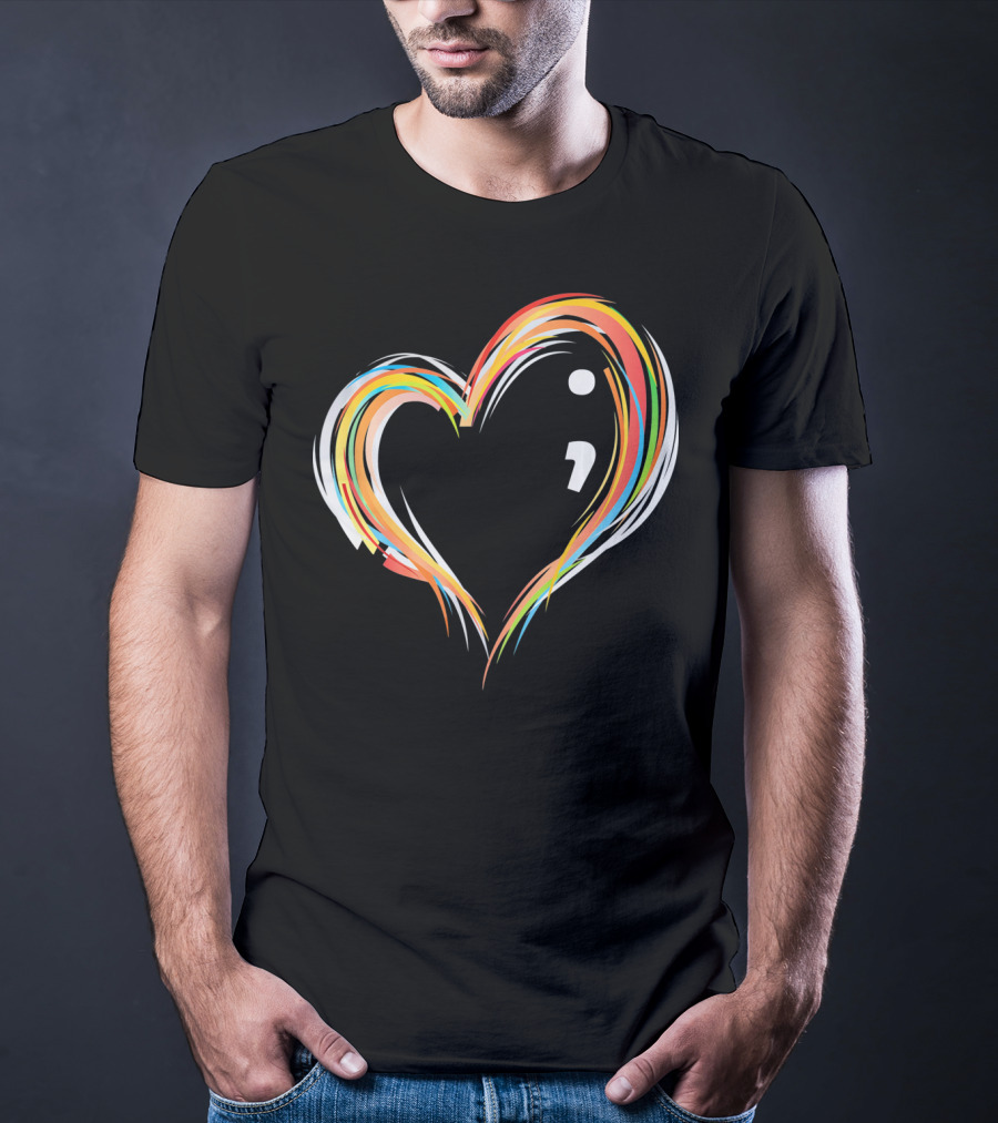 Heart Semicolon Rainbow Design For Mental Health Awareness T-Shirt