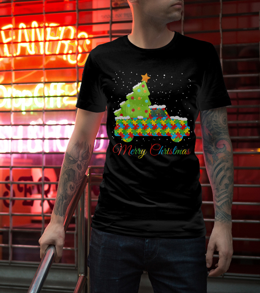 Merry Christmas Puzzle Truck Autism Awareness T-Shirt