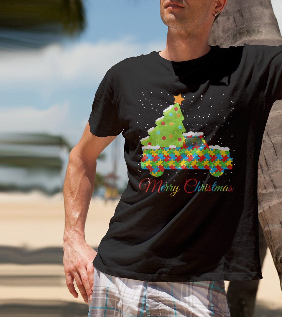 Merry Christmas Puzzle Truck Autism Awareness T-Shirt