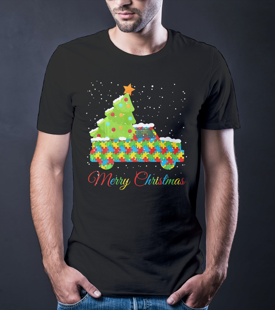 Merry Christmas Puzzle Truck Autism Awareness T-Shirt
