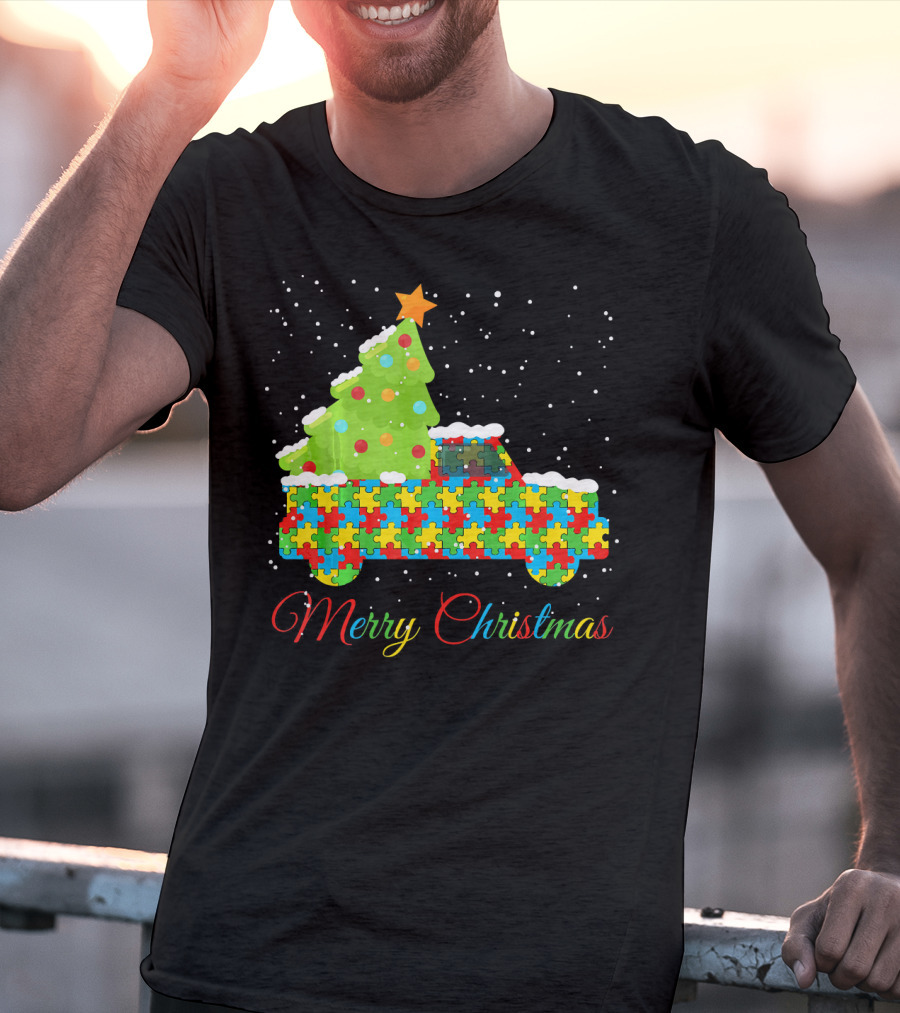 Merry Christmas Puzzle Truck Autism Awareness T-Shirt