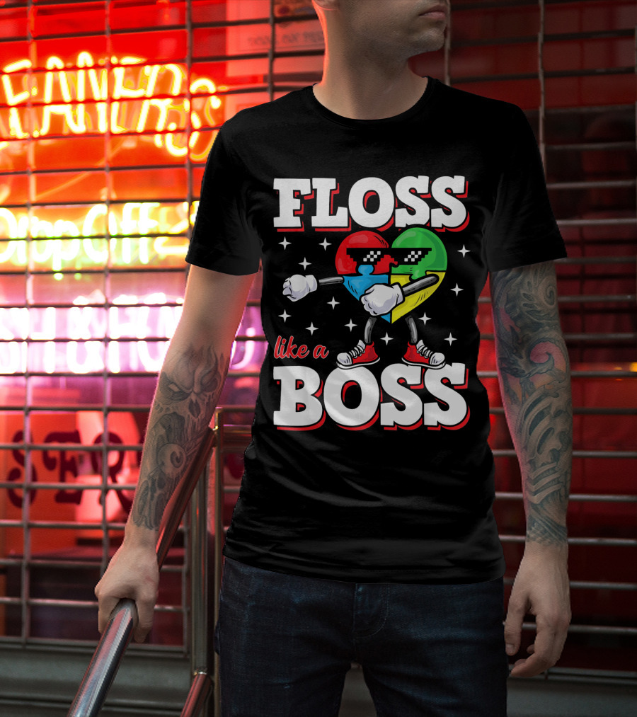 Floss Like A Boss Autism Awareness Heart With Cool Sunglasses T-Shirt