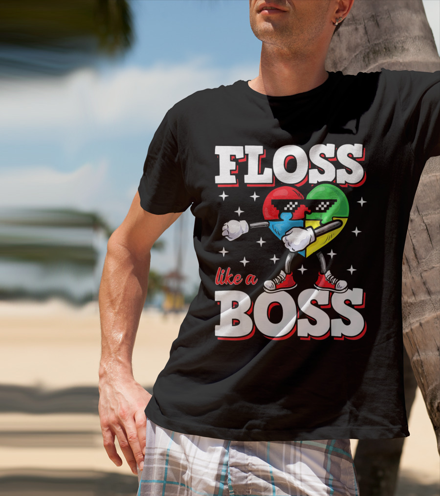 Floss Like A Boss Autism Awareness Heart With Cool Sunglasses T-Shirt