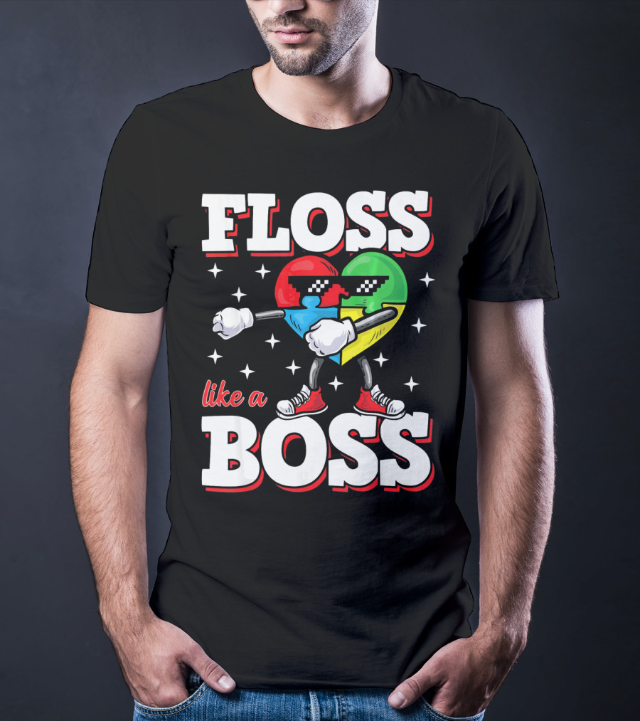 Floss Like A Boss Autism Awareness Heart With Cool Sunglasses T-Shirt