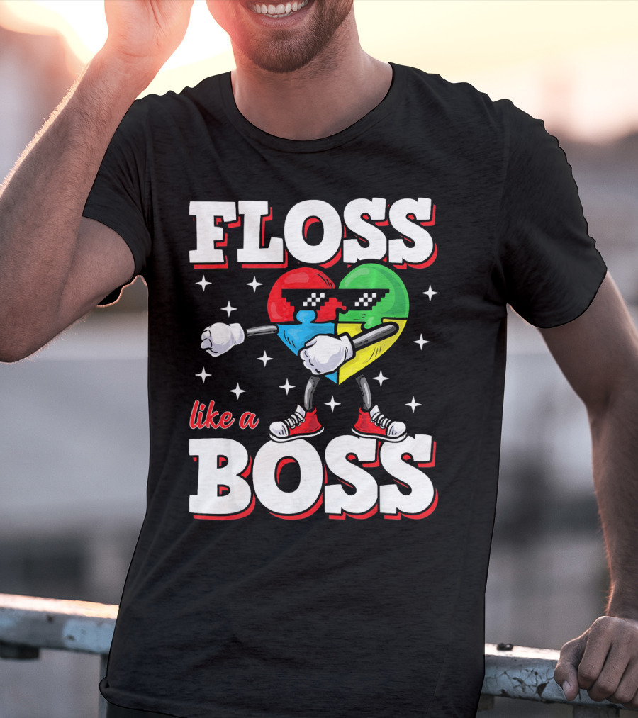 Floss Like A Boss Autism Awareness Heart With Cool Sunglasses T-Shirt