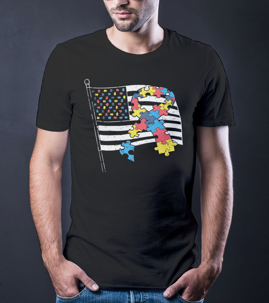 American Distressed Flag Puzzle Ribbon Autism Awareness T-Shirt