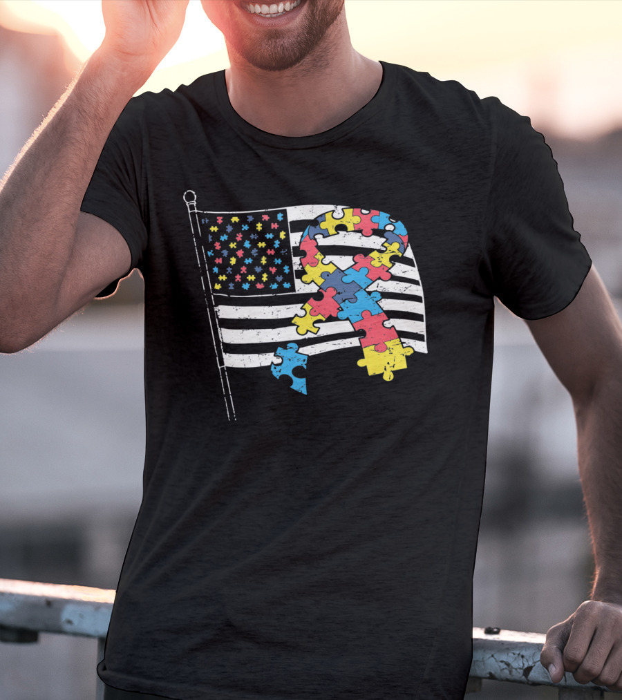 American Distressed Flag Puzzle Ribbon Autism Awareness T-Shirt