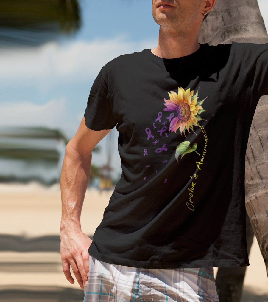 Crohn's Awareness Sunflower With Purple Ribbons T-Shirt