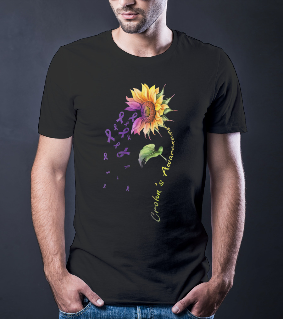 Crohn's Awareness Sunflower With Purple Ribbons T-Shirt