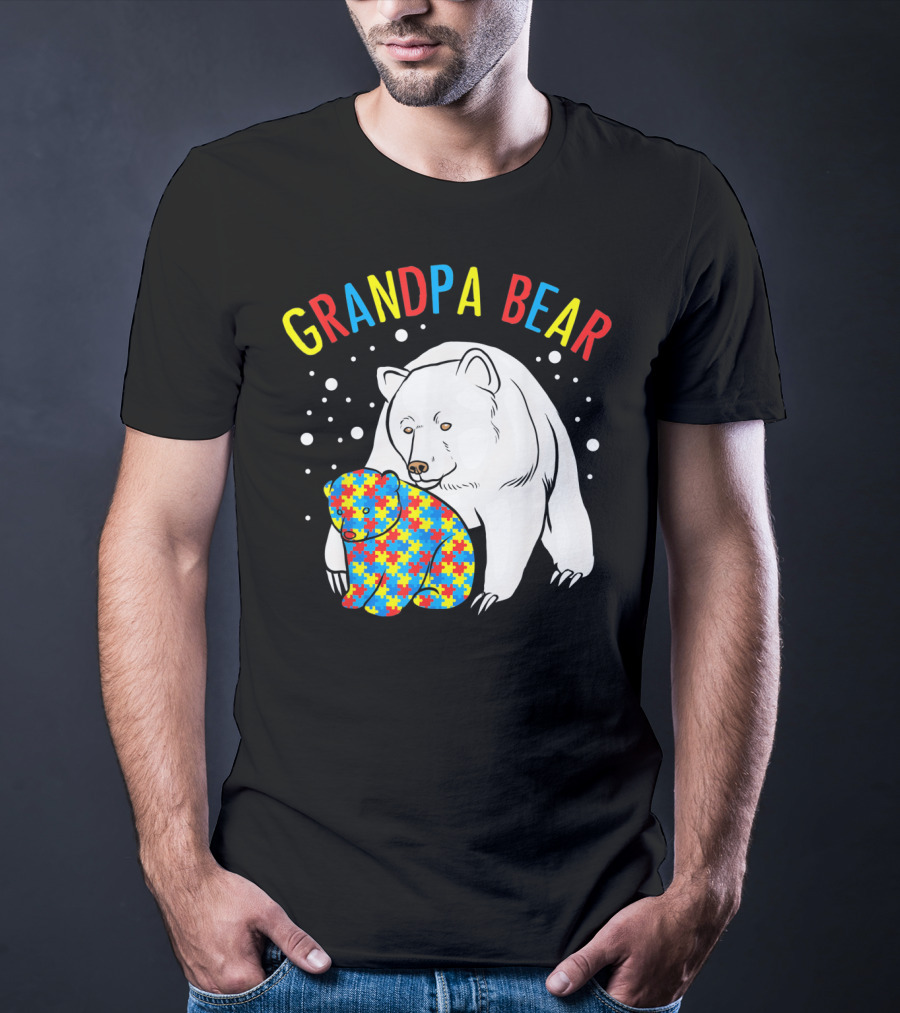 Grandpa Bear Mens Autism Awareness Puzzle Bear T-Shirt