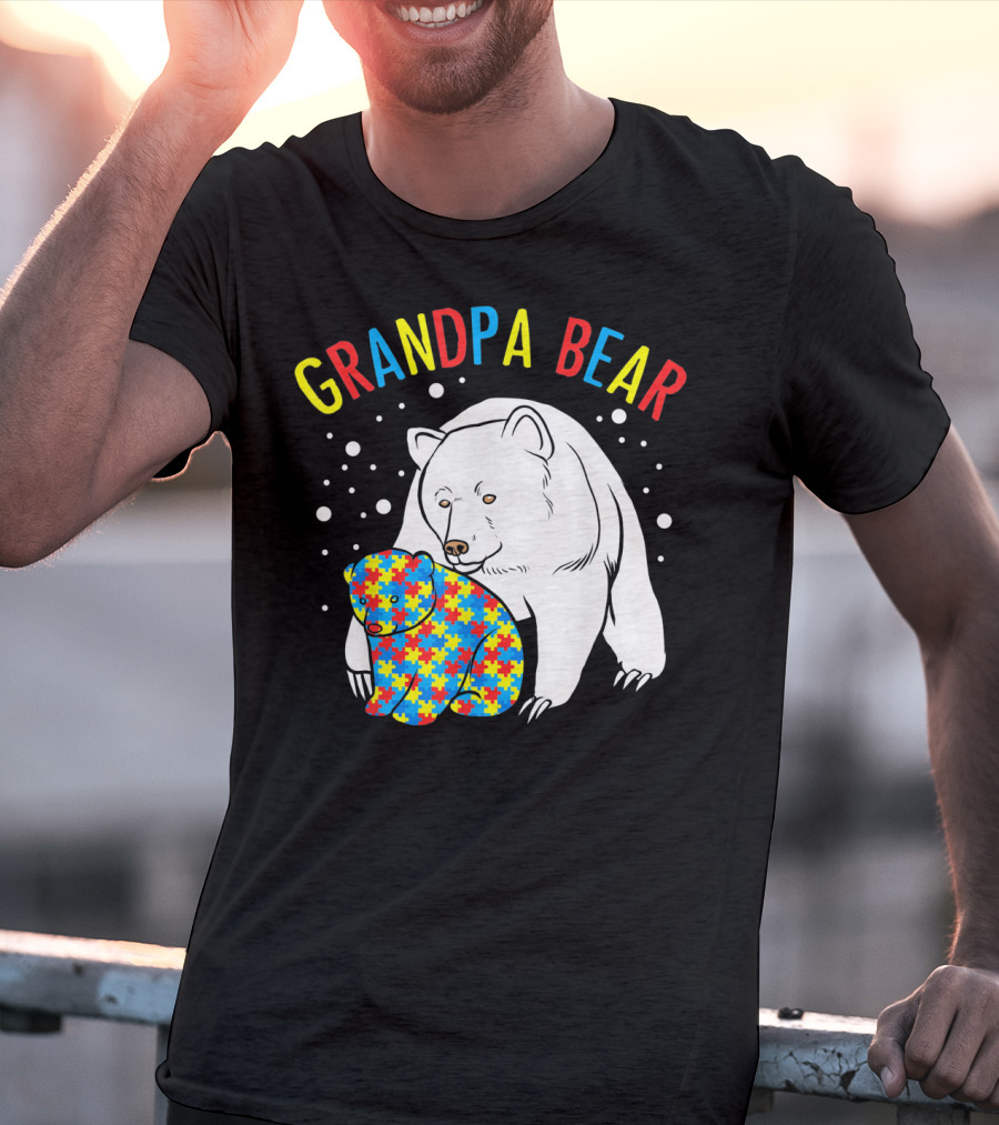 Grandpa Bear Mens Autism Awareness Puzzle Bear T-Shirt