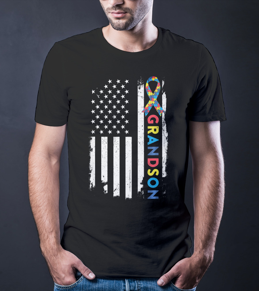 Autism Awareness American Flag Grandson Kids T-Shirt