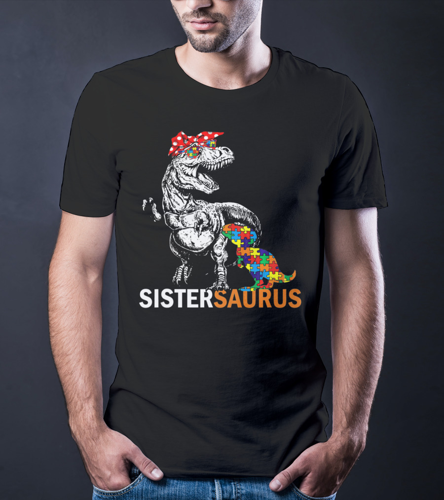 Sister Saurus Autism Awareness Dinosaur Puzzle Print T-Shirt