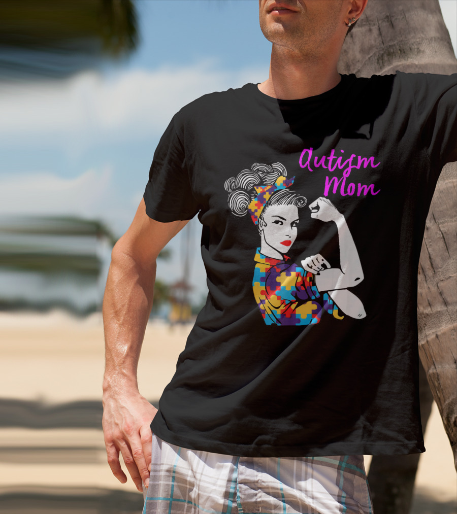 Autism Mom Awareness Iconic Rosie The Riveter Puzzle T-Shirt