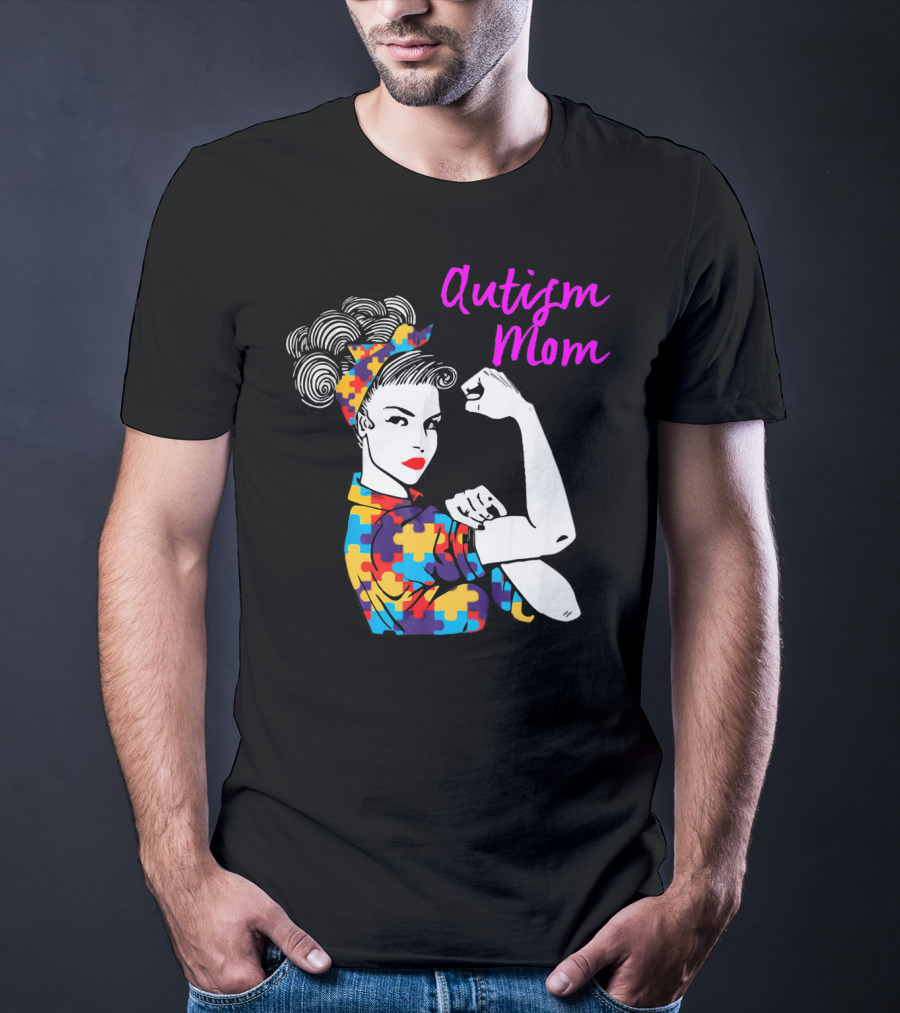 Autism Mom Awareness Iconic Rosie The Riveter Puzzle T-Shirt