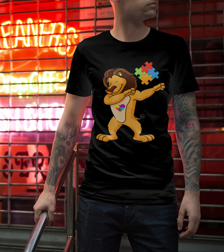 Lion Dab Puzzle Piece Autism Awareness T-Shirt