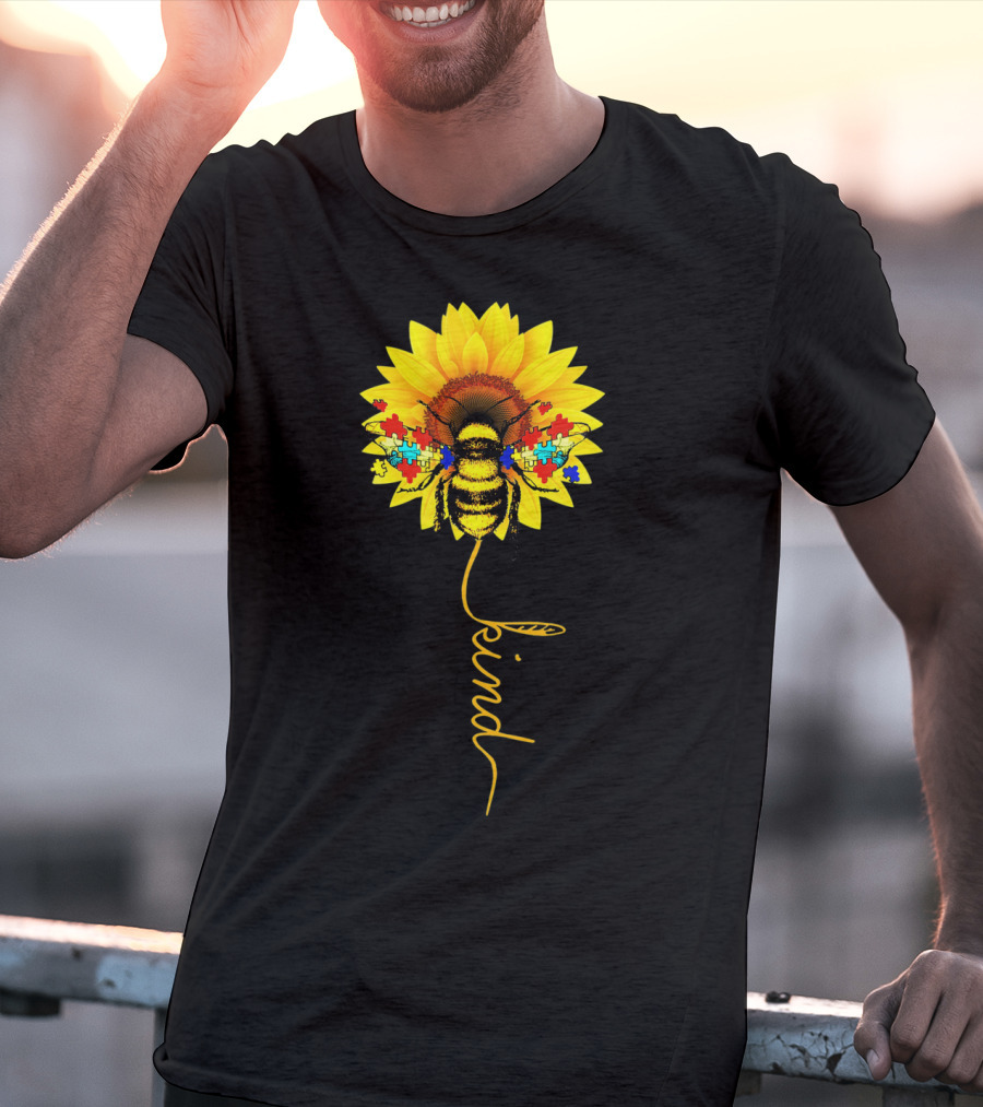 Bee Kind Autism Awareness Sunflower Puzzle T-Shirt