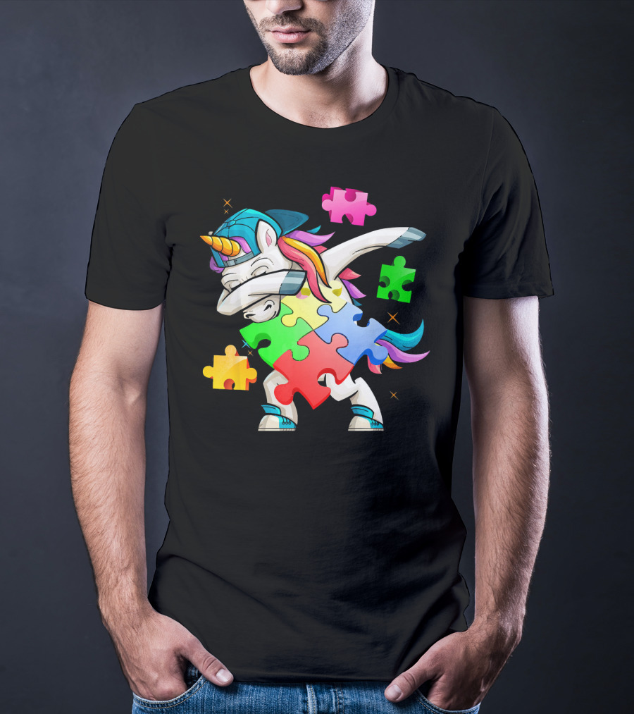 Autism Awareness Dabbing Unicorn Rainbow Puzzle Pieces T-Shirt