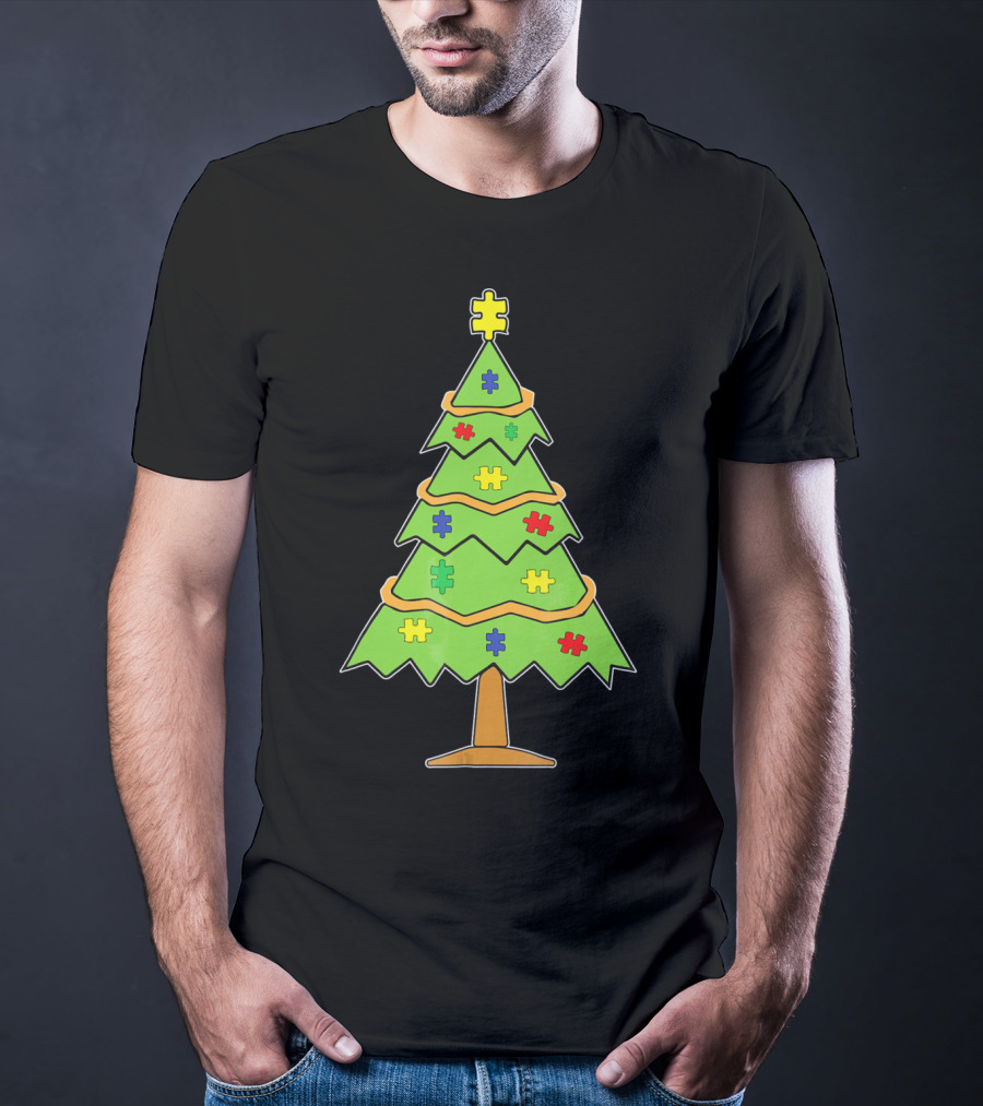 Autism Awareness Christmas Tree With Colorful Puzzle Pieces T-Shirt