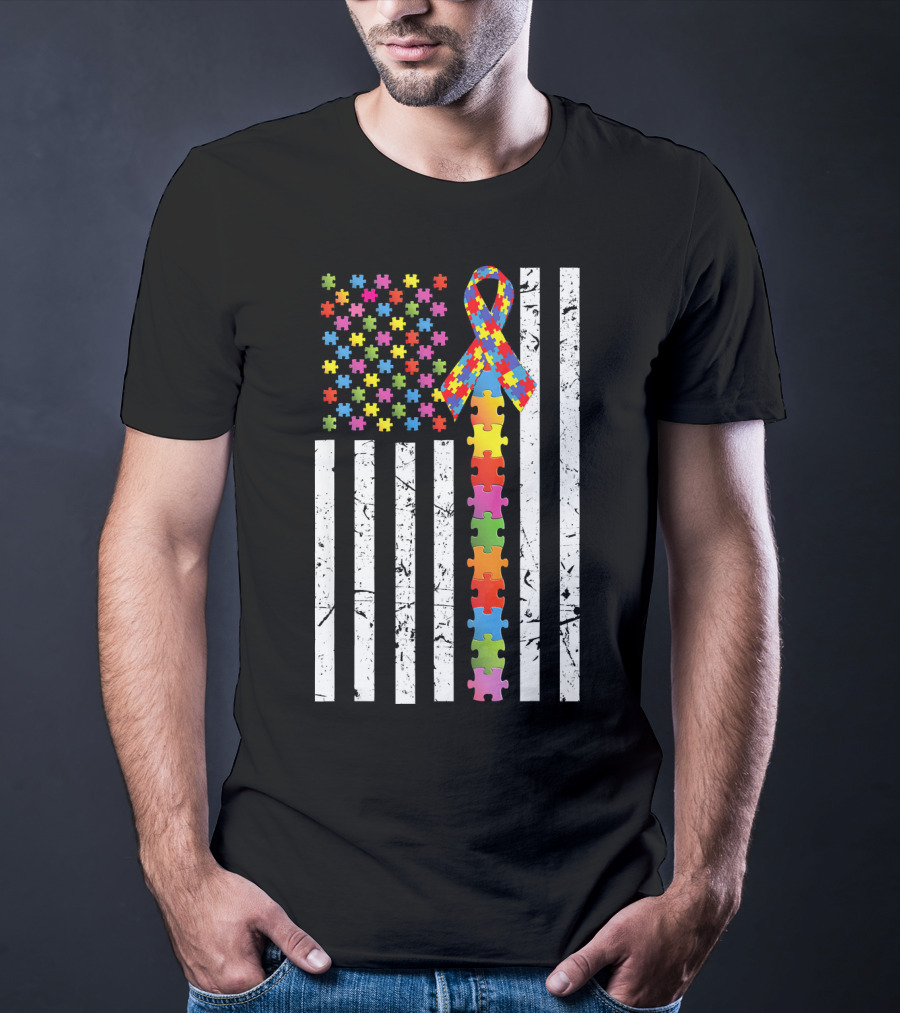 Autism Awareness US Flag Puzzle Ribbon T-Shirt