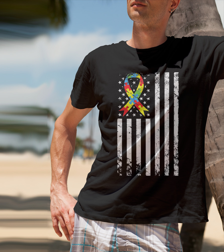 Vintage Autism Awareness Puzzle Ribbon US Flag T-Shirt
