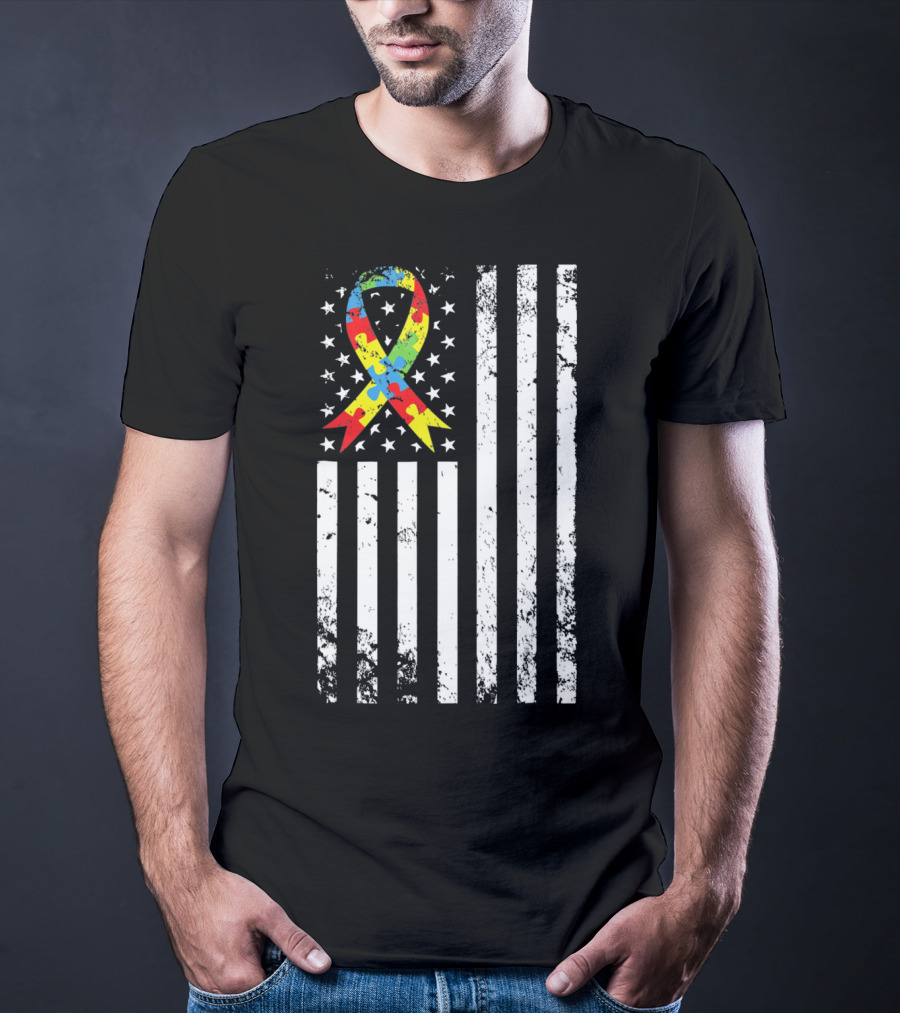 Vintage Autism Awareness Puzzle Ribbon US Flag T-Shirt