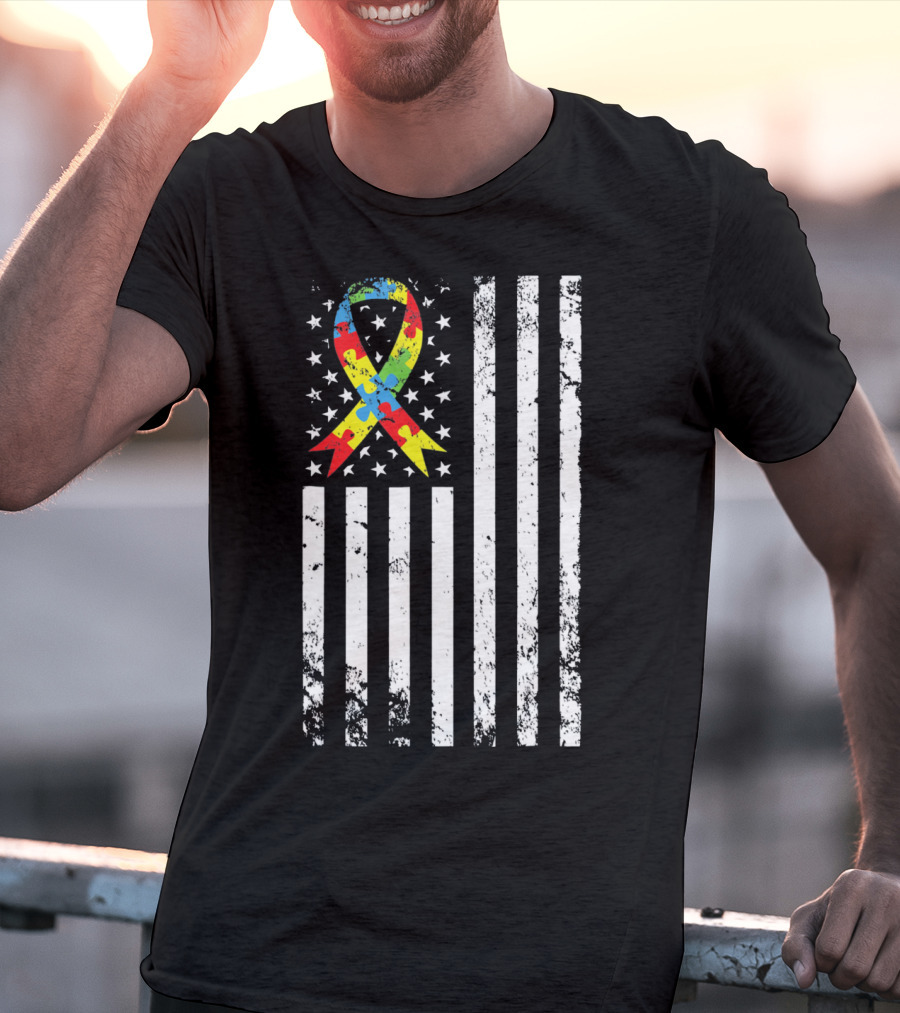 Vintage Autism Awareness Puzzle Ribbon US Flag T-Shirt