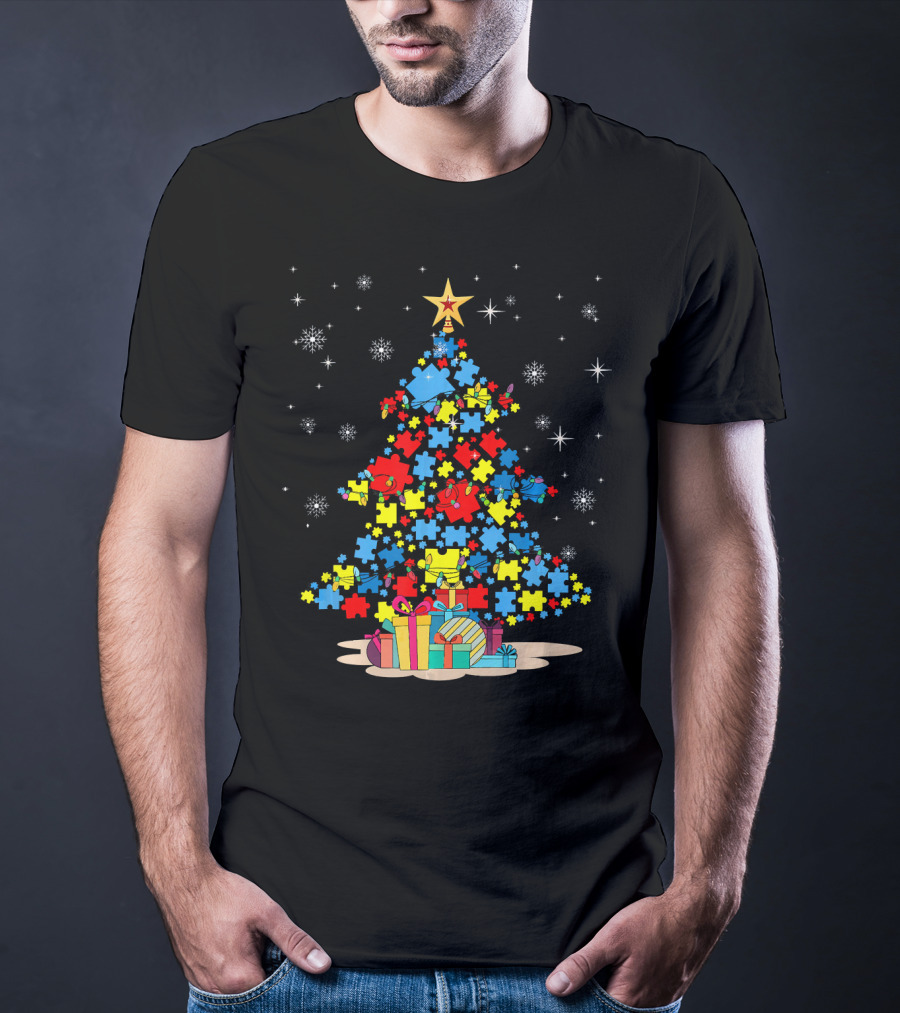 Puzzle Pieces Christmas Tree Autism Awareness Holiday T-Shirt