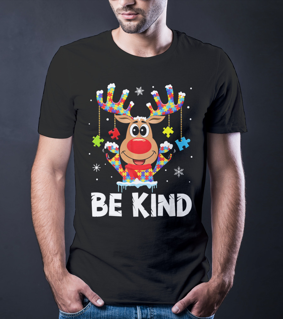 Be Kind Reindeer Puzzle Pieces Autism Awareness T-Shirt