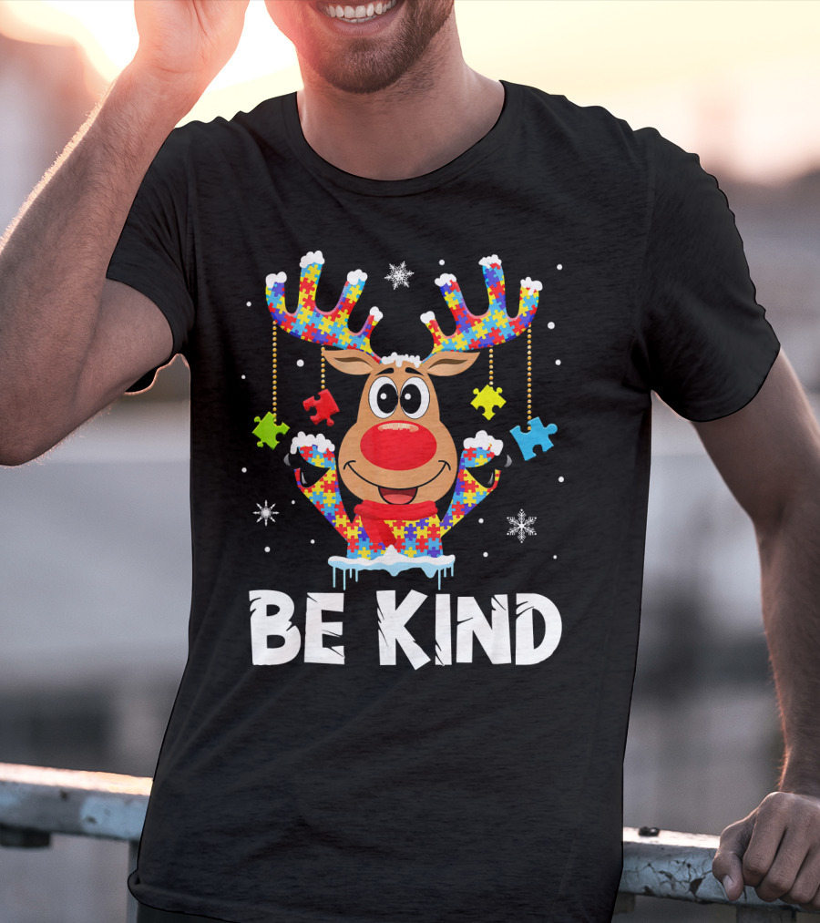 Be Kind Reindeer Puzzle Pieces Autism Awareness T-Shirt