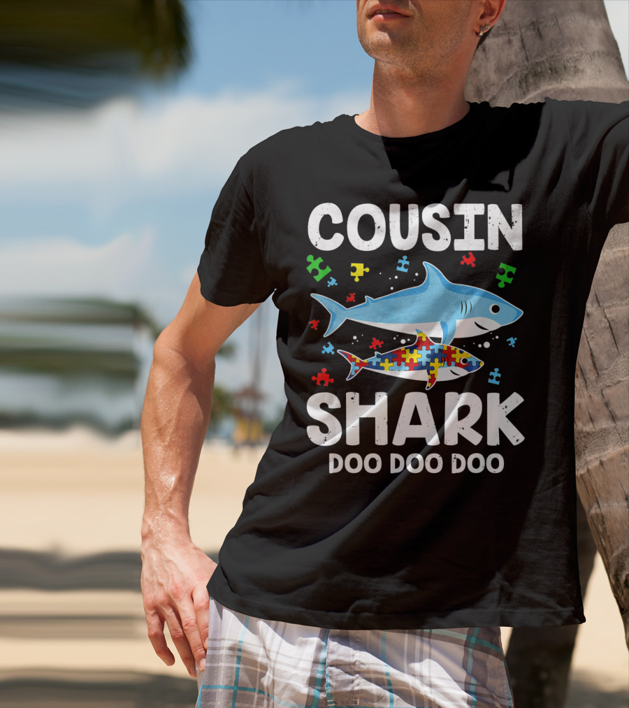 Cousin Shark Doo Doo Doo Autism Awareness Puzzle Pieces T-Shirt