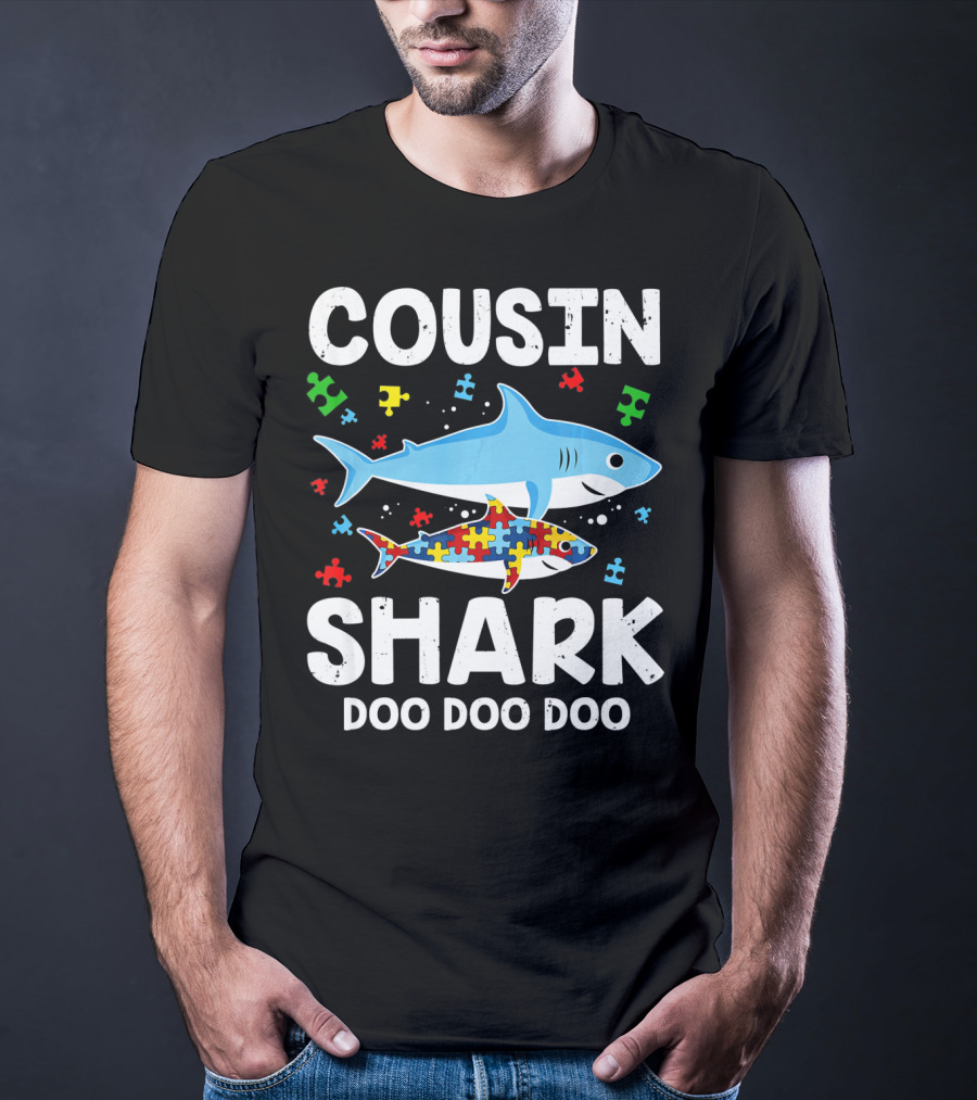 Cousin Shark Doo Doo Doo Autism Awareness Puzzle Pieces T-Shirt